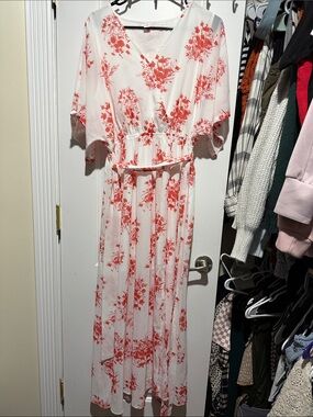 White Maxi Dress with Coral Floral Print